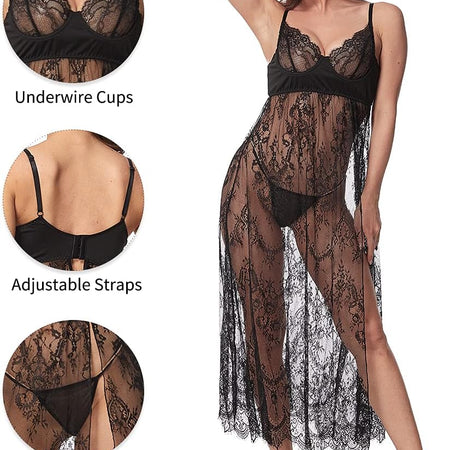 Women'S plus Size Lingerie Sexy Split Maxi Long Gown Sheer Dress