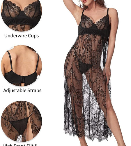 Women'S plus Size Lingerie Sexy Split Maxi Long Gown Sheer Dress