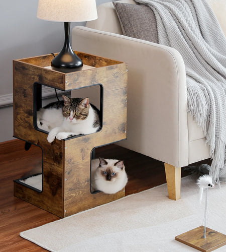 23" Wood Cat House Furniture for Indoor Cats, Modern Cat Tree Tower Bed with Free Cat Toy, Scratching Pad and Removable Soft Mats, Small Cat Condo, Brown