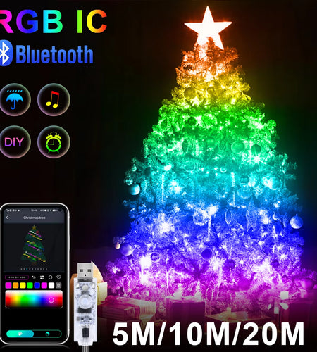 10M/20M USB Christmas Tree LED String Lights with Smart Bluetooth App Remote Control Christmas Home Decor Fairy Lights Garland