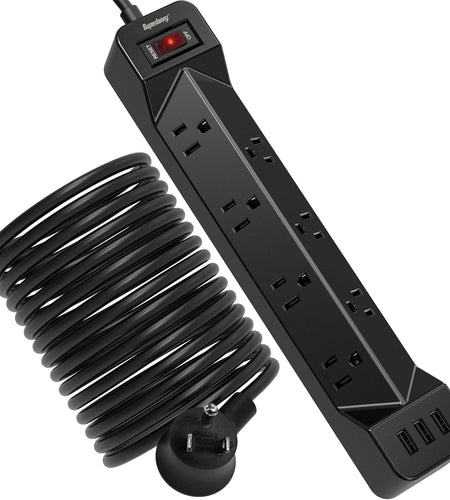16.5FT Power Strip Surge Protector Flat Plug with USB,  7 Wide Spaced Outlets 3 USB Ports Mountable Extension Cord Charging Station, Overload Protection for Home Office Hotel Dorm, Black