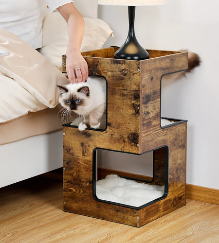 23" Wood Cat House Furniture for Indoor Cats, Modern Cat Tree Tower Bed with Free Cat Toy, Scratching Pad and Removable Soft Mats, Small Cat Condo, Brown