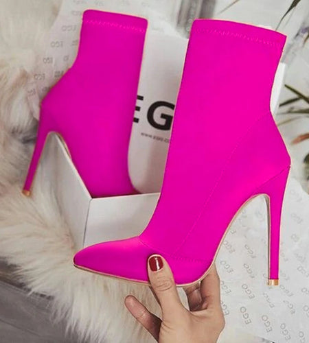 2023 Women Fetish Silk Sock Boots 11.5Cm High Heels Stretch Fashion Heels Peach Ankle Boots Peach Rose Red plus Size 43 Shoes