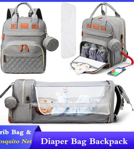 3 in 1 Diaper Bag Backpack Foldable Baby Bed Waterproof Travel Bag with USB Charge Diaper Bag Backpack with Changing Bed 3 Types