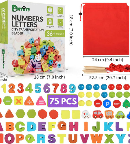 Wooden Lacing Toy Alphabet Number Threading Beads for Boys Girls Age 3 4 5 6 Montessori Educational Learning Birthday Gift