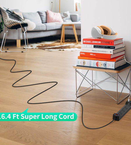 16.5FT Power Strip Surge Protector Flat Plug with USB,  7 Wide Spaced Outlets 3 USB Ports Mountable Extension Cord Charging Station, Overload Protection for Home Office Hotel Dorm, Black