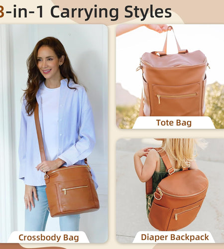 Small Diaper Bag Mini Diaper Bag by , Leather Diaper Bag Backpack with 13 Diaper Bag Organizers,2 Insulated Pockets, and Shoulder Strap(Brown)