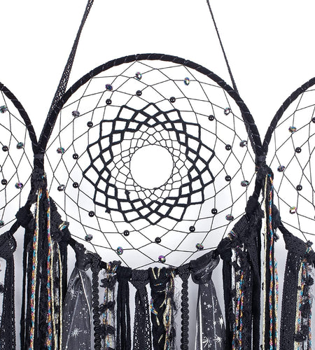 Black Triple Moon Goddess Macrame Wall Hanging, Boho Large Wicca Crescent Dream Catcher, Handmade Unique Bohemian Hippie Woven Pagan Tapestry Decor for Bedroom Nursery Decoration