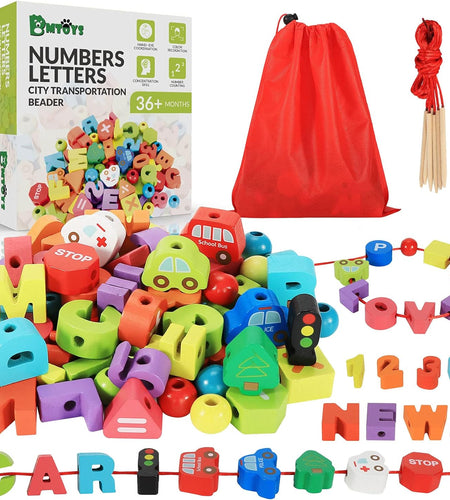 Wooden Lacing Toy Alphabet Number Threading Beads for Boys Girls Age 3 4 5 6 Montessori Educational Learning Birthday Gift