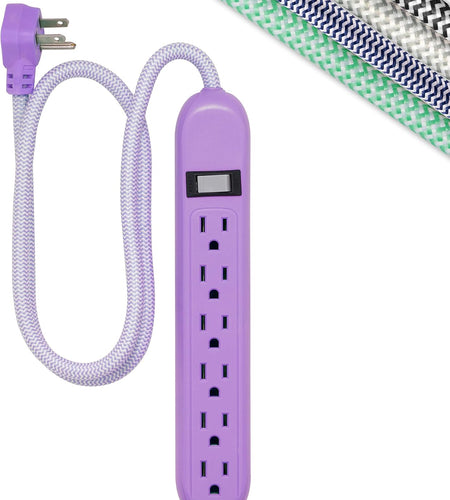 6-Outlet Surge Protector, 3 Ft Braided Extension Cord, Power Strip, Flat Plug, Decorative Cable, Wall Mount, Tangle-Free, Warranty, UL Listed, Purple, 41639