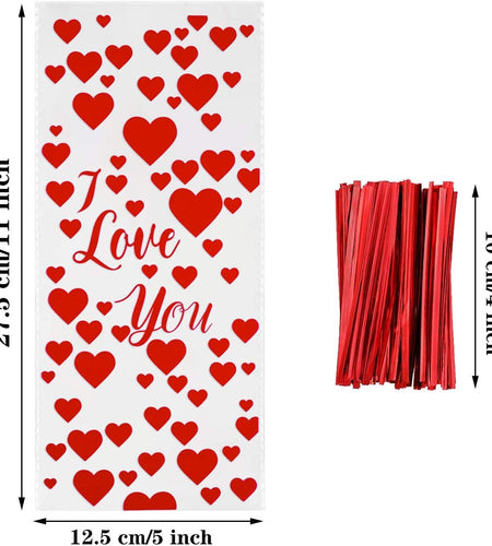 100 Pieces Valentine Cellophane Bags Heart Treat Bags Candy Goodies Gift Bags and 150 Pieces Red Twist Ties for Valentine Party Supplies