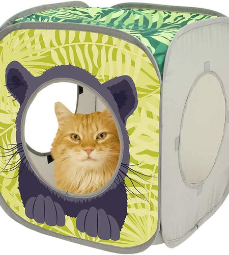 Safari Play Cubee, Cat Cube, Play Kennel, Cat Bed, Jungle Cat House, Multicolor, 15 H X15 W Inches